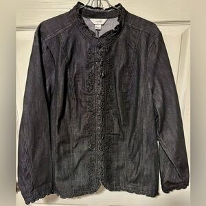 CJ Banks Brand Embellished Black Denim Jacket Size 1XL Hook & Eye Closure
